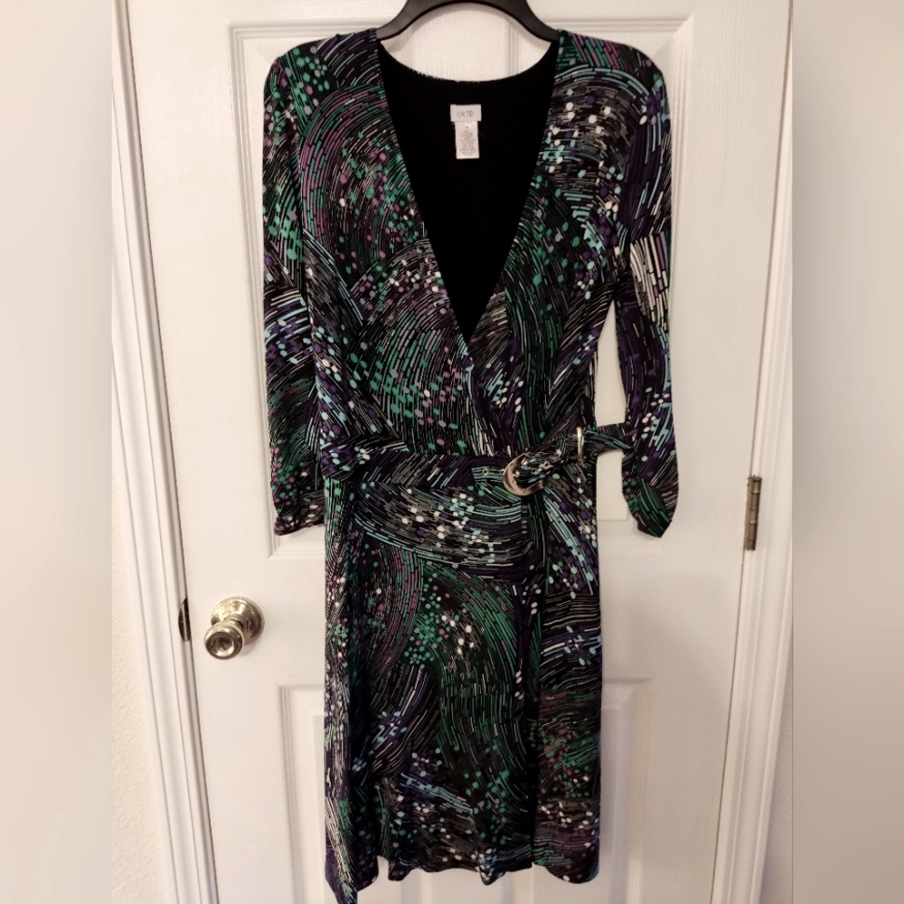 Cache Faux Wrap Dress  Stretch Self Belt Design Plunging V Neck Size M